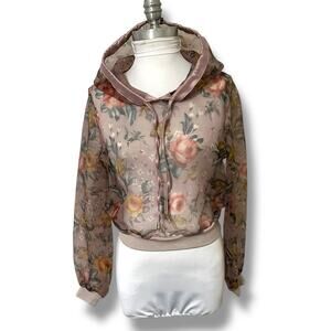 Rinascimento sheer Pink floral Bomber Jacket style hooded top with Floral Print
